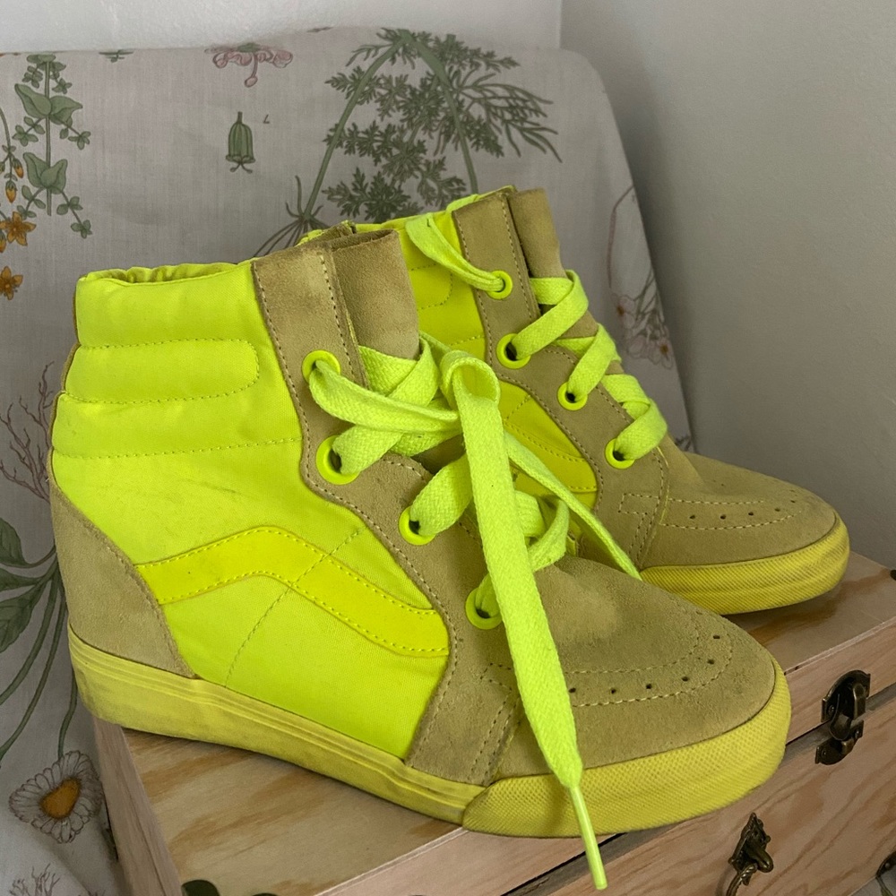 Neon yellow high top wedge vans w leather flaps